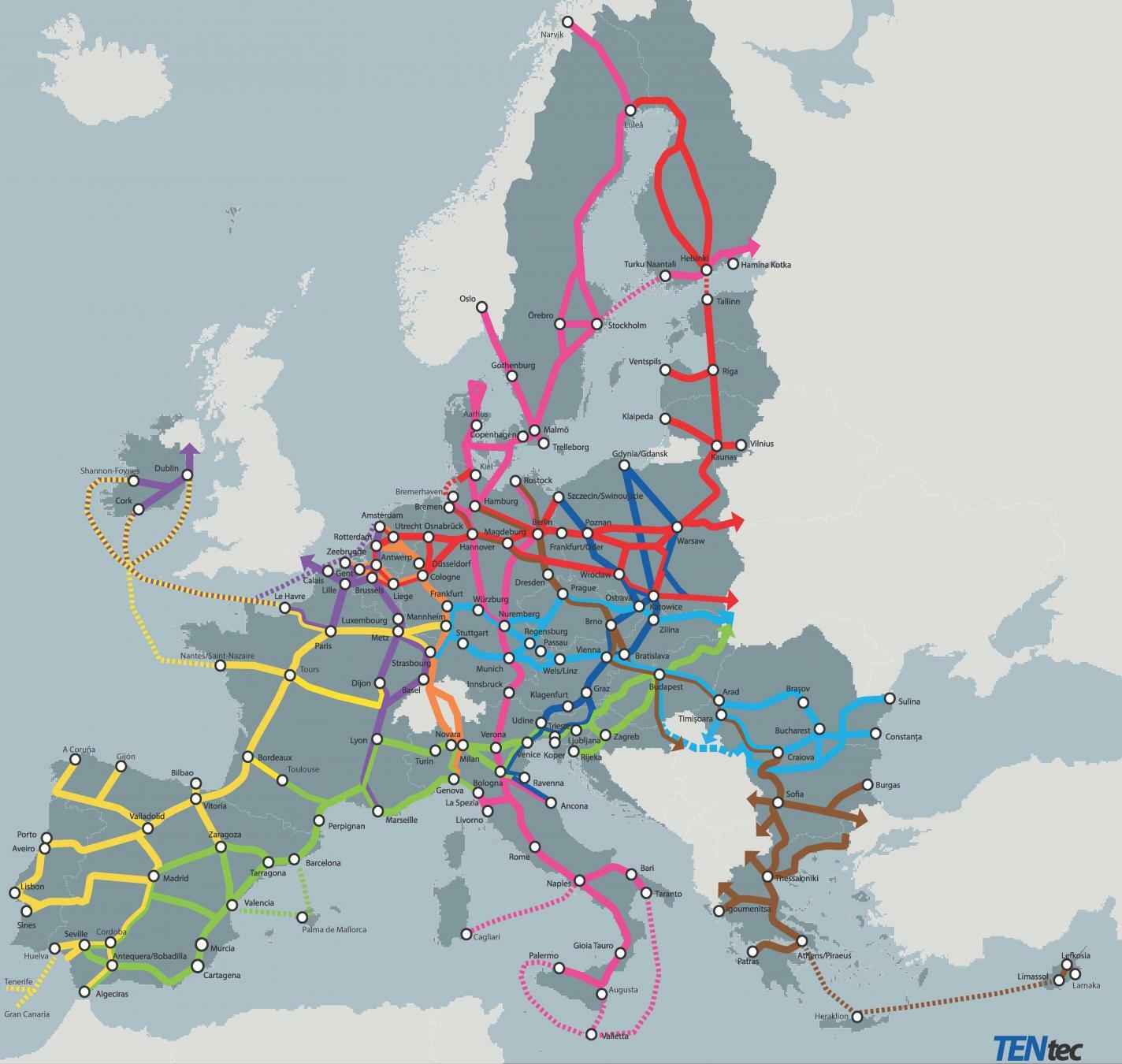 Mapa de la ret transeuropèa de transpòrt (RTE-T)